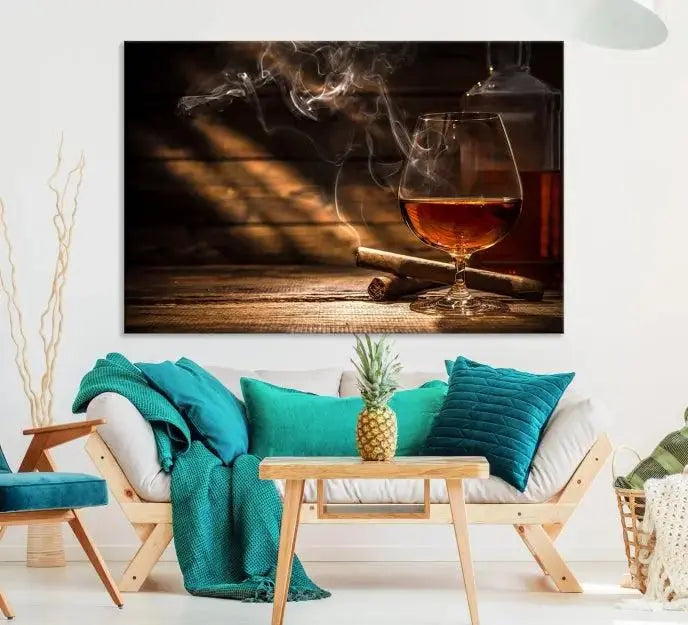 Whiskey and Cigar Wall Art Canvas Print showcases a glass of brandy, a lit cigar, and swirling smoke. This museum-quality canvas is ready to hang and features a UV-protective coating for enduring vibrancy.