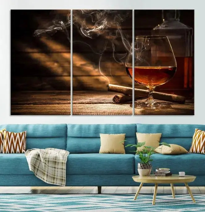 Whiskey and Cigar Wall Art Canvas Print showcases a glass of brandy, a lit cigar, and swirling smoke. This museum-quality canvas is ready to hang and features a UV-protective coating for enduring vibrancy.