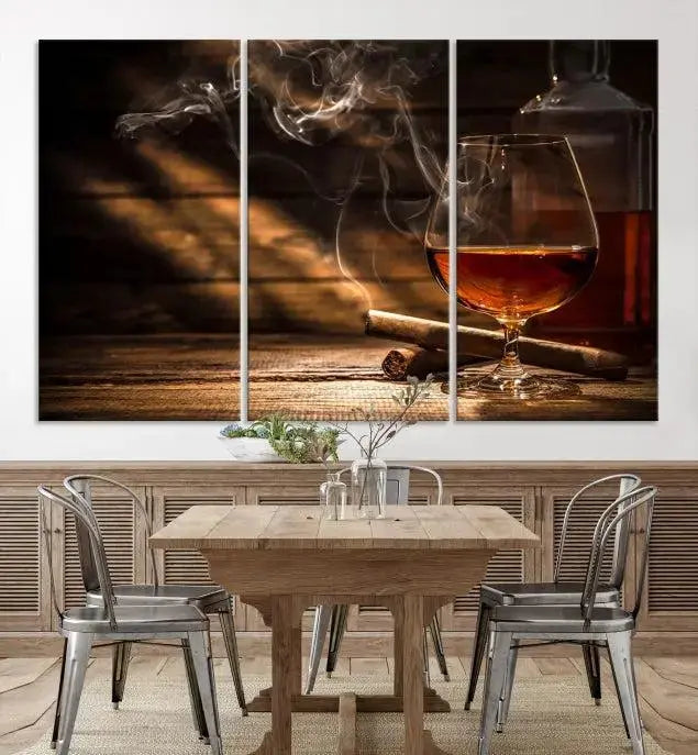 Whiskey and Cigar Wall Art Canvas Print showcases a glass of brandy, a lit cigar, and swirling smoke. This museum-quality canvas is ready to hang and features a UV-protective coating for enduring vibrancy.