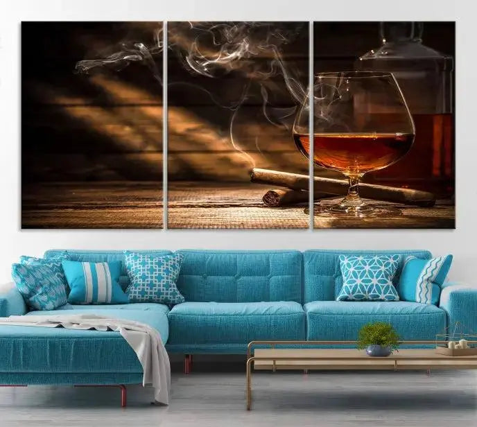 Whiskey and Cigar Wall Art Canvas Print showcases a glass of brandy, a lit cigar, and swirling smoke. This museum-quality canvas is ready to hang and features a UV-protective coating for enduring vibrancy.