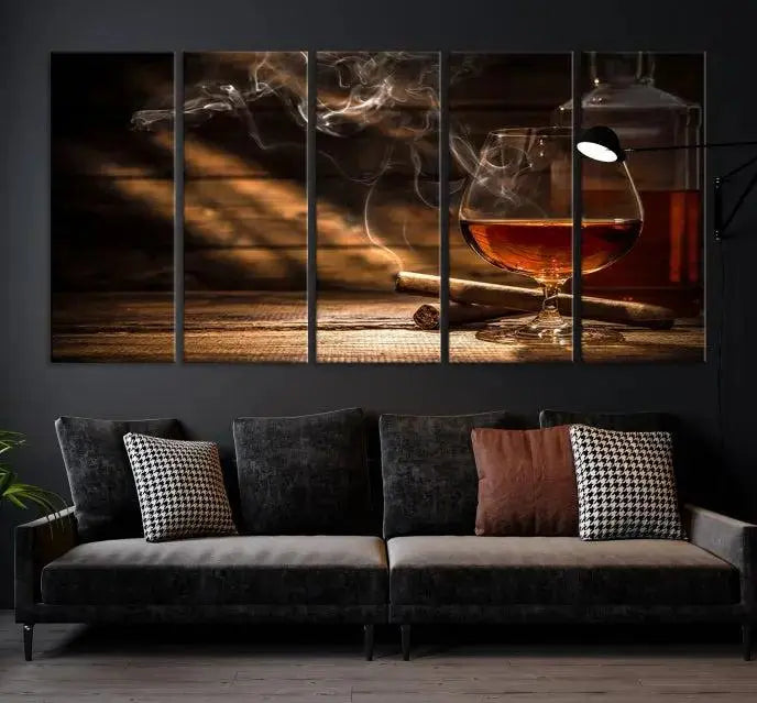 Whiskey and Cigar Wall Art Canvas Print showcases a glass of brandy, a lit cigar, and swirling smoke. This museum-quality canvas is ready to hang and features a UV-protective coating for enduring vibrancy.