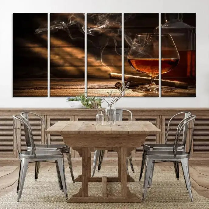 Whiskey and Cigar Wall Art Canvas Print showcases a glass of brandy, a lit cigar, and swirling smoke. This museum-quality canvas is ready to hang and features a UV-protective coating for enduring vibrancy.