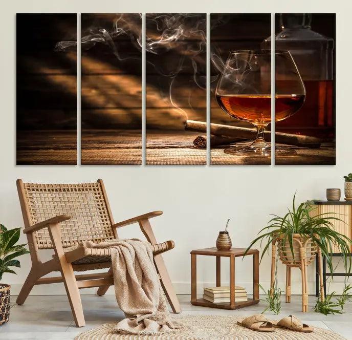 Whiskey and Cigar Wall Art Canvas Print showcases a glass of brandy, a lit cigar, and swirling smoke. This museum-quality canvas is ready to hang and features a UV-protective coating for enduring vibrancy.