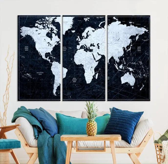 The White Colored Push Pin World Map on Jet Black Background elegantly graces the living room as triptych wall art. The museum-quality canvas pieces are meticulously crafted by a professional craftsman for lasting elegance and come ready to hang.