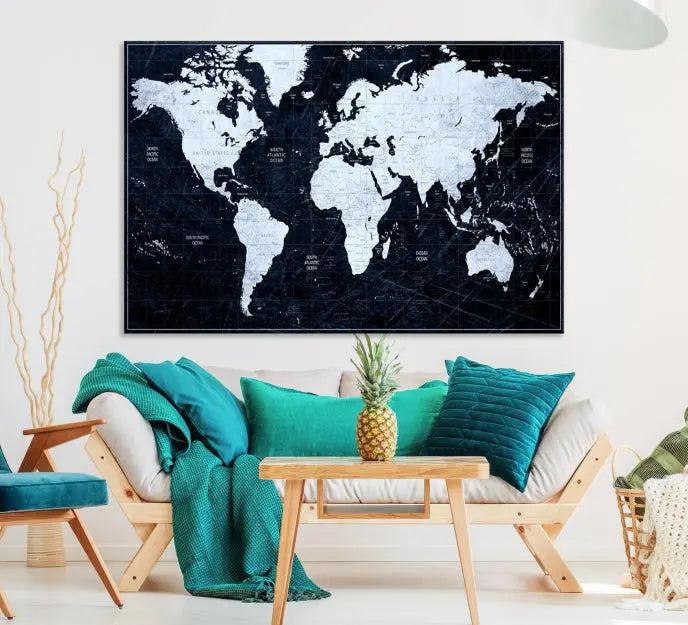 The White Colored Push Pin World Map on Jet Black Background elegantly graces the living room as triptych wall art. The museum-quality canvas pieces are meticulously crafted by a professional craftsman for lasting elegance and come ready to hang.