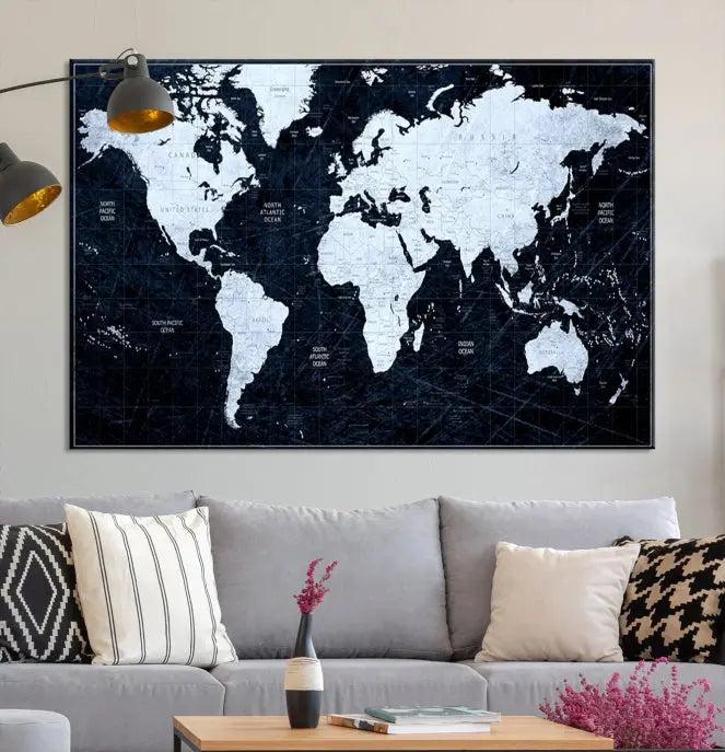 The White Colored Push Pin World Map on Jet Black Background elegantly graces the living room as triptych wall art. The museum-quality canvas pieces are meticulously crafted by a professional craftsman for lasting elegance and come ready to hang.