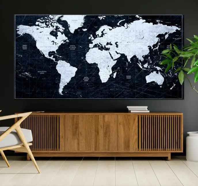 The White Colored Push Pin World Map on Jet Black Background elegantly graces the living room as triptych wall art. The museum-quality canvas pieces are meticulously crafted by a professional craftsman for lasting elegance and come ready to hang.