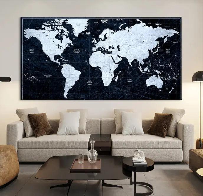 The White Colored Push Pin World Map on Jet Black Background elegantly graces the living room as triptych wall art. The museum-quality canvas pieces are meticulously crafted by a professional craftsman for lasting elegance and come ready to hang.