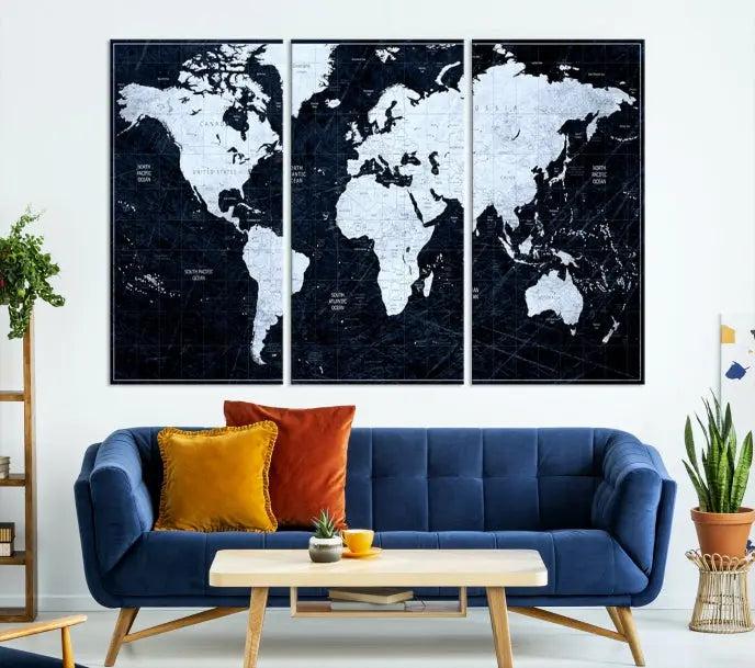 The White Colored Push Pin World Map on Jet Black Background elegantly graces the living room as triptych wall art. The museum-quality canvas pieces are meticulously crafted by a professional craftsman for lasting elegance and come ready to hang.