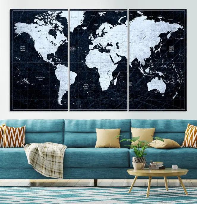 The White Colored Push Pin World Map on Jet Black Background elegantly graces the living room as triptych wall art. The museum-quality canvas pieces are meticulously crafted by a professional craftsman for lasting elegance and come ready to hang.