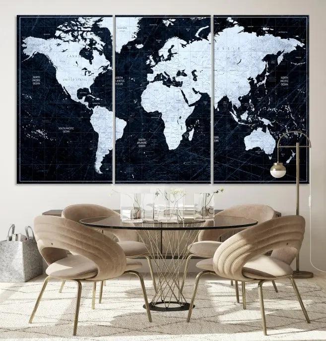 The White Colored Push Pin World Map on Jet Black Background elegantly graces the living room as triptych wall art. The museum-quality canvas pieces are meticulously crafted by a professional craftsman for lasting elegance and come ready to hang.