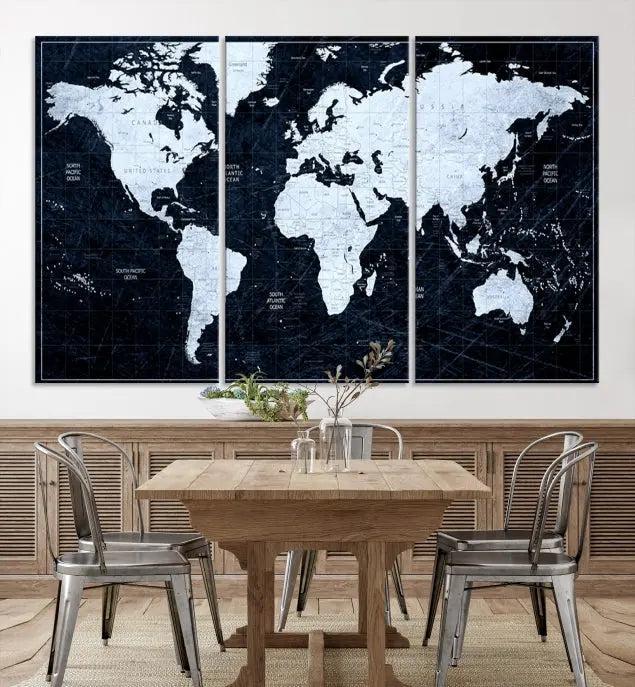 The White Colored Push Pin World Map on Jet Black Background elegantly graces the living room as triptych wall art. The museum-quality canvas pieces are meticulously crafted by a professional craftsman for lasting elegance and come ready to hang.