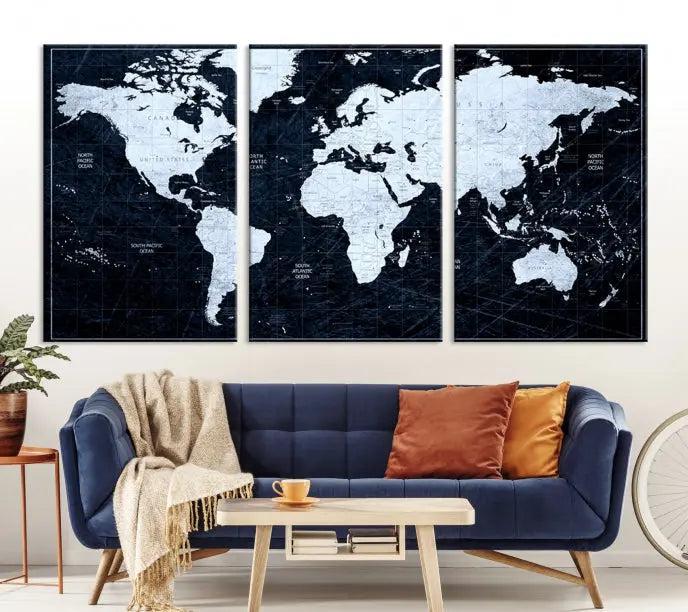 The White Colored Push Pin World Map on Jet Black Background elegantly graces the living room as triptych wall art. The museum-quality canvas pieces are meticulously crafted by a professional craftsman for lasting elegance and come ready to hang.