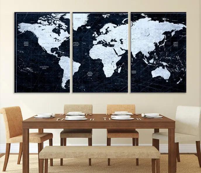 The White Colored Push Pin World Map on Jet Black Background elegantly graces the living room as triptych wall art. The museum-quality canvas pieces are meticulously crafted by a professional craftsman for lasting elegance and come ready to hang.