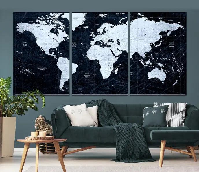 The White Colored Push Pin World Map on Jet Black Background elegantly graces the living room as triptych wall art. The museum-quality canvas pieces are meticulously crafted by a professional craftsman for lasting elegance and come ready to hang.