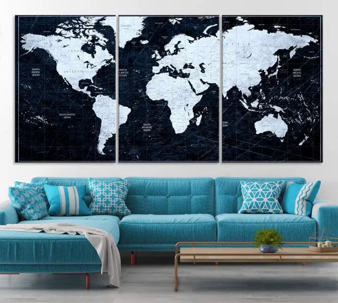 The White Colored Push Pin World Map on Jet Black Background elegantly graces the living room as triptych wall art. The museum-quality canvas pieces are meticulously crafted by a professional craftsman for lasting elegance and come ready to hang.