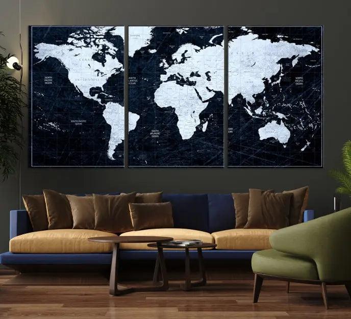 The White Colored Push Pin World Map on Jet Black Background elegantly graces the living room as triptych wall art. The museum-quality canvas pieces are meticulously crafted by a professional craftsman for lasting elegance and come ready to hang.