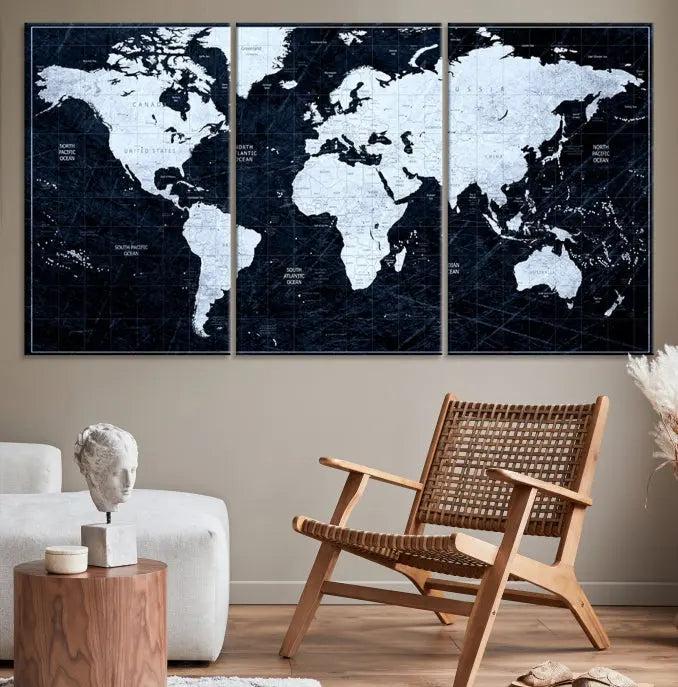 The White Colored Push Pin World Map on Jet Black Background elegantly graces the living room as triptych wall art. The museum-quality canvas pieces are meticulously crafted by a professional craftsman for lasting elegance and come ready to hang.