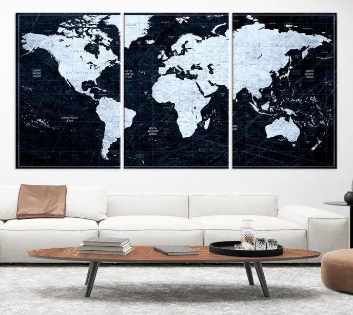 The White Colored Push Pin World Map on Jet Black Background elegantly graces the living room as triptych wall art. The museum-quality canvas pieces are meticulously crafted by a professional craftsman for lasting elegance and come ready to hang.