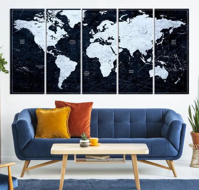 The White Colored Push Pin World Map on Jet Black Background elegantly graces the living room as triptych wall art. The museum-quality canvas pieces are meticulously crafted by a professional craftsman for lasting elegance and come ready to hang.