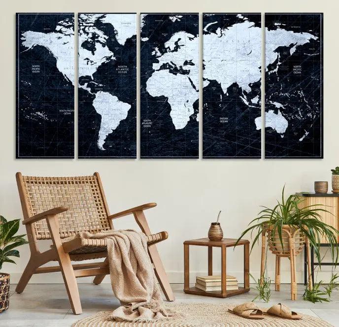 The White Colored Push Pin World Map on Jet Black Background elegantly graces the living room as triptych wall art. The museum-quality canvas pieces are meticulously crafted by a professional craftsman for lasting elegance and come ready to hang.