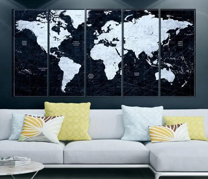 The White Colored Push Pin World Map on Jet Black Background elegantly graces the living room as triptych wall art. The museum-quality canvas pieces are meticulously crafted by a professional craftsman for lasting elegance and come ready to hang.