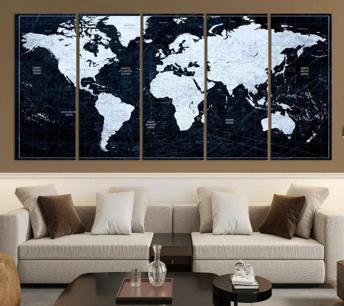 The White Colored Push Pin World Map on Jet Black Background elegantly graces the living room as triptych wall art. The museum-quality canvas pieces are meticulously crafted by a professional craftsman for lasting elegance and come ready to hang.