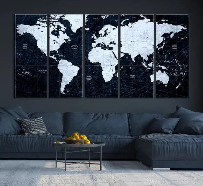 The White Colored Push Pin World Map on Jet Black Background elegantly graces the living room as triptych wall art. The museum-quality canvas pieces are meticulously crafted by a professional craftsman for lasting elegance and come ready to hang.