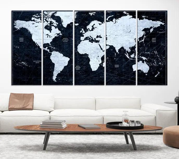 The White Colored Push Pin World Map on Jet Black Background elegantly graces the living room as triptych wall art. The museum-quality canvas pieces are meticulously crafted by a professional craftsman for lasting elegance and come ready to hang.