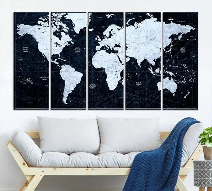 The White Colored Push Pin World Map on Jet Black Background elegantly graces the living room as triptych wall art. The museum-quality canvas pieces are meticulously crafted by a professional craftsman for lasting elegance and come ready to hang.