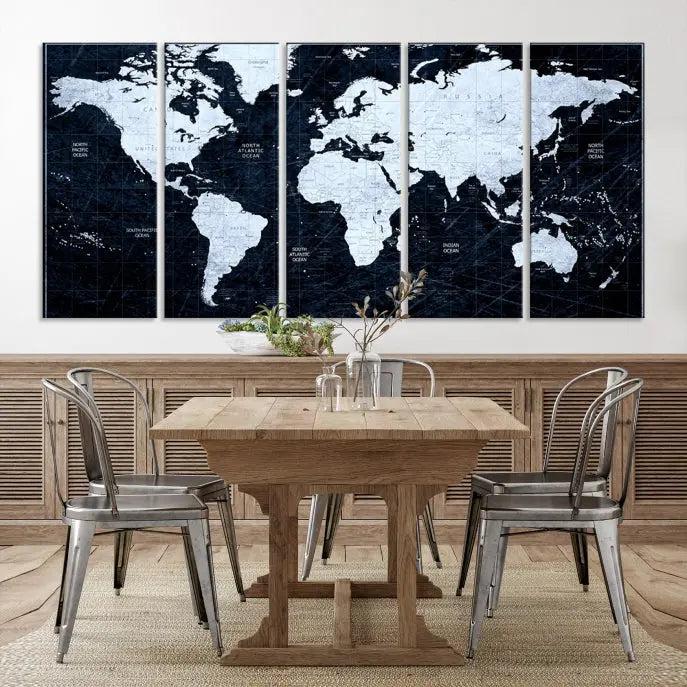 The White Colored Push Pin World Map on Jet Black Background elegantly graces the living room as triptych wall art. The museum-quality canvas pieces are meticulously crafted by a professional craftsman for lasting elegance and come ready to hang.