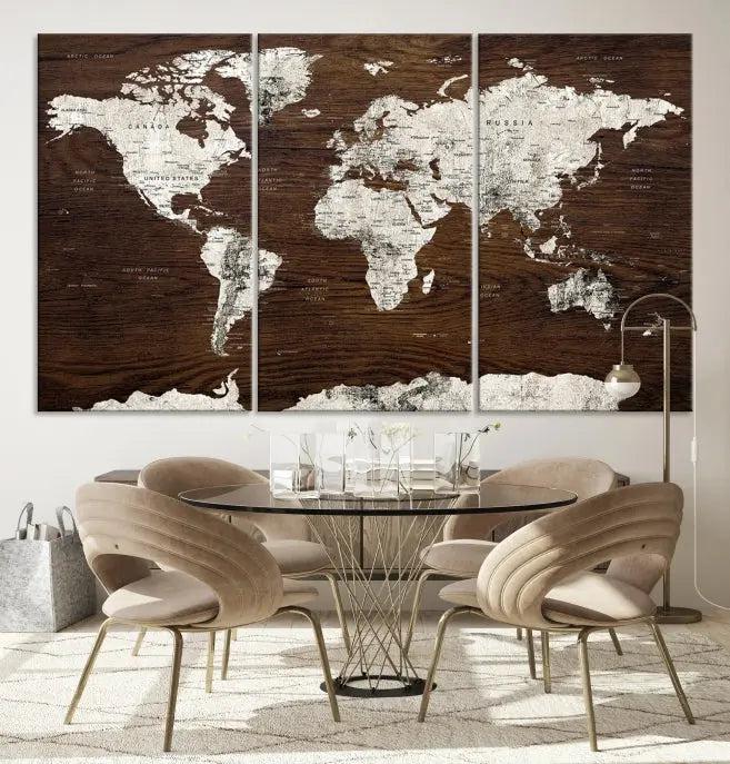 White Colored World Map on Brown Background Wall Art Canvas Print 