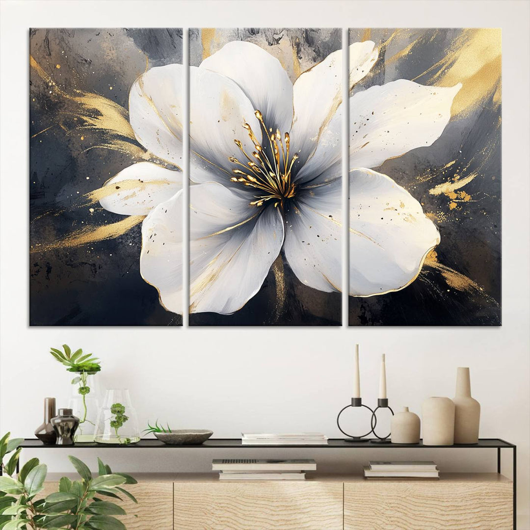 White Flower Wall Art Canvas Print | Ready to Hang | Abstract Floral Wall Decor | Elegant Bloom Artwork | Framed for Living Room