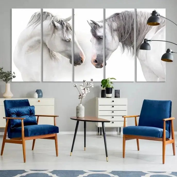 The "White Horse Wall Art Animal Canvas Print," featuring two white horses facing each other, is elegantly displayed. This triptych is gallery wrapped on museum-quality canvas, ensuring long-lasting beauty and sophistication.