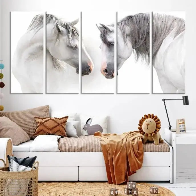 The "White Horse Wall Art Animal Canvas Print," featuring two white horses facing each other, is elegantly displayed. This triptych is gallery wrapped on museum-quality canvas, ensuring long-lasting beauty and sophistication.