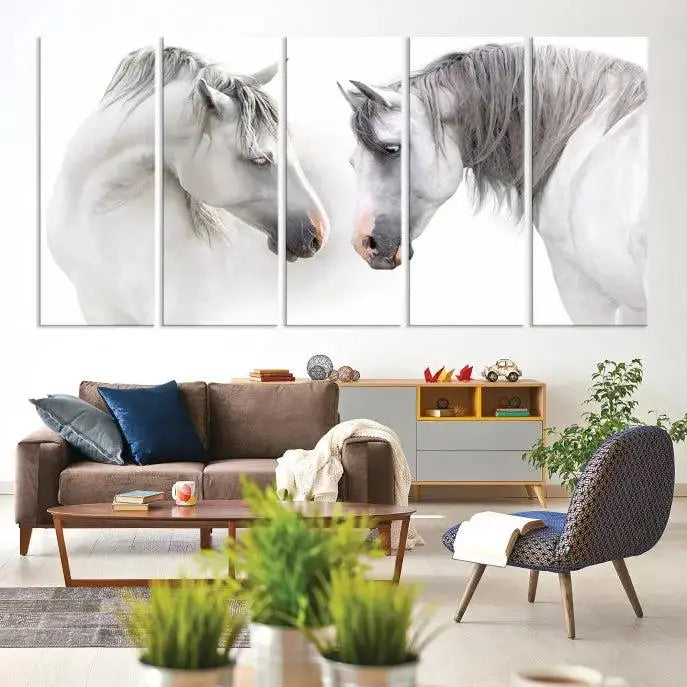 The "White Horse Wall Art Animal Canvas Print," featuring two white horses facing each other, is elegantly displayed. This triptych is gallery wrapped on museum-quality canvas, ensuring long-lasting beauty and sophistication.