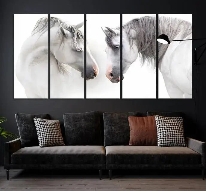 The "White Horse Wall Art Animal Canvas Print," featuring two white horses facing each other, is elegantly displayed. This triptych is gallery wrapped on museum-quality canvas, ensuring long-lasting beauty and sophistication.