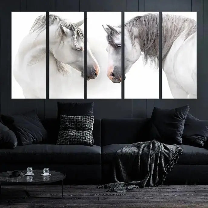 The "White Horse Wall Art Animal Canvas Print," featuring two white horses facing each other, is elegantly displayed. This triptych is gallery wrapped on museum-quality canvas, ensuring long-lasting beauty and sophistication.