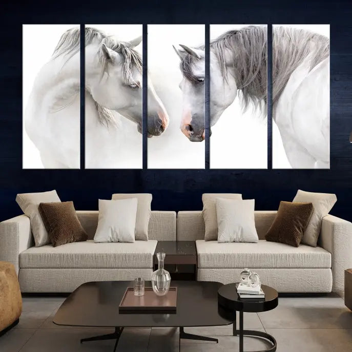 The "White Horse Wall Art Animal Canvas Print," featuring two white horses facing each other, is elegantly displayed. This triptych is gallery wrapped on museum-quality canvas, ensuring long-lasting beauty and sophistication.