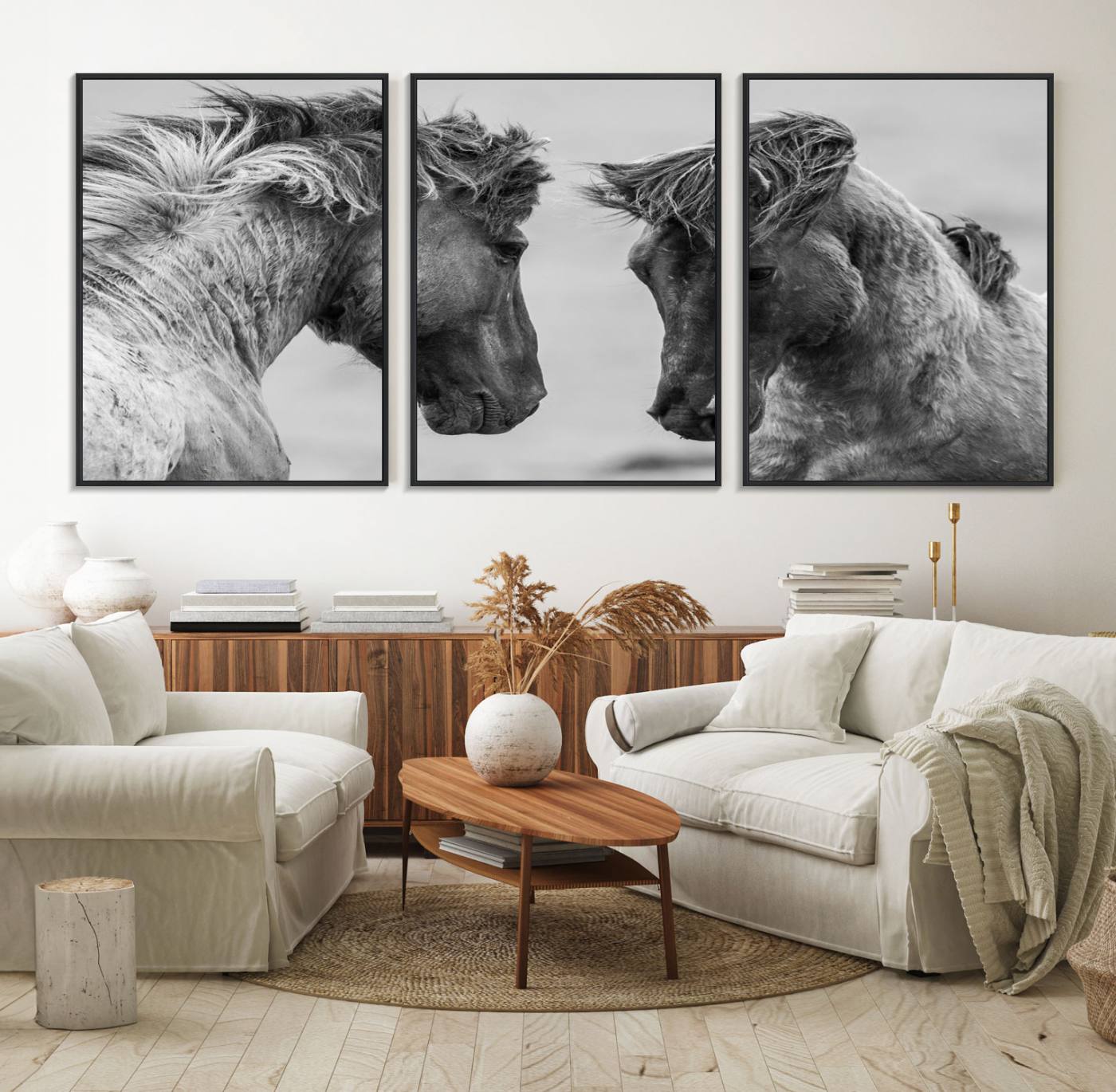 48234-MGV-FC-60X30-3P_Black-White Horses Wall Art Canvas Print