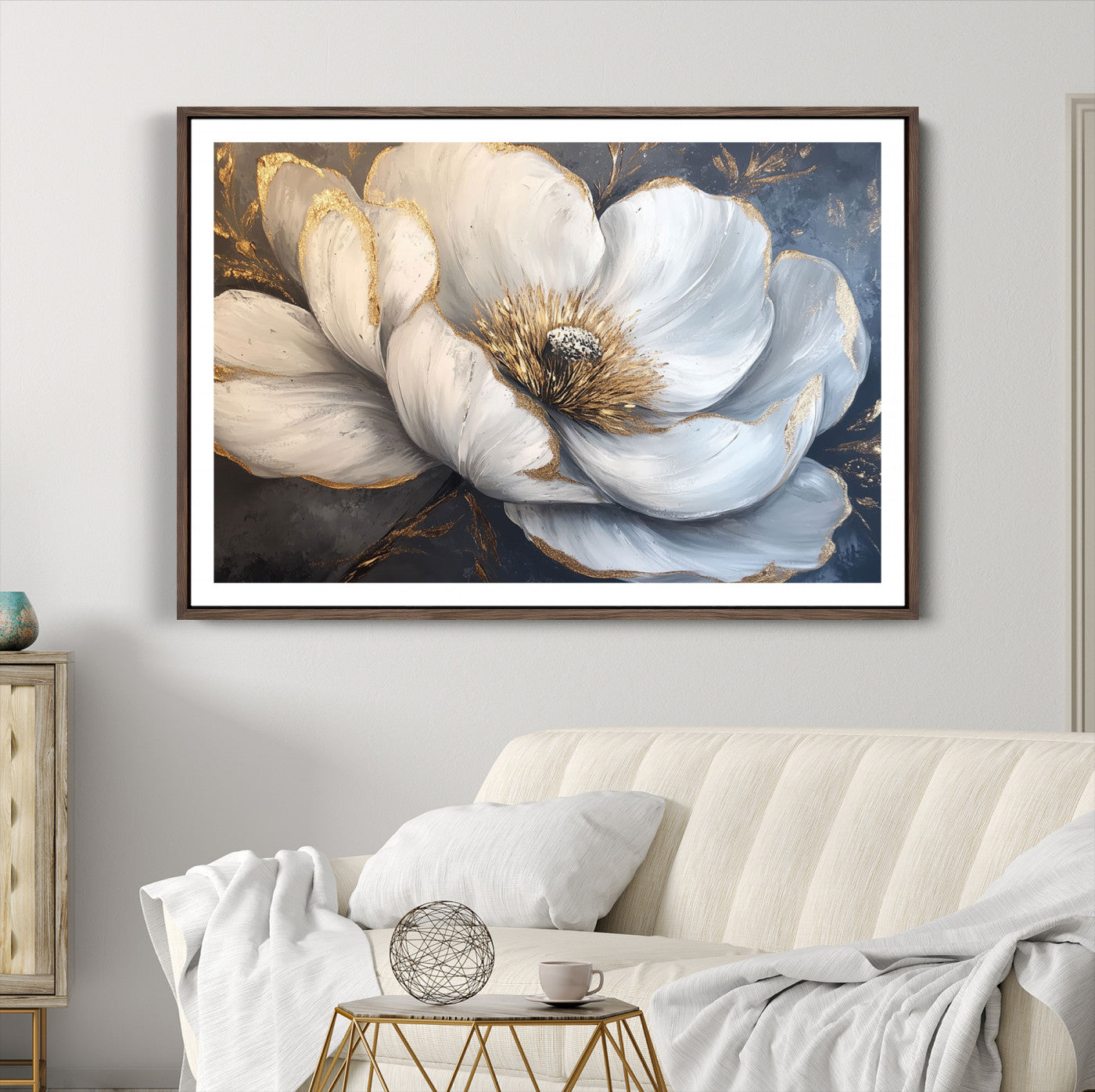 82996-MGC-FP-36x24_Walnut-White Magnolia Flower Wall Art Canvas Print | Abstract Floral Wall Decor | Elegant Bloom Artwork | Framed for Living Room or Bedroom