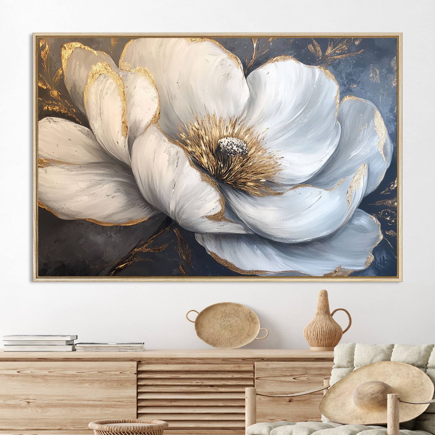 82996-MGV-CV-36X24-White Magnolia Flower Wall Art Canvas Print | Abstract Floral Wall Decor | Elegant Bloom Artwork | Framed for Living Room or Bedroom