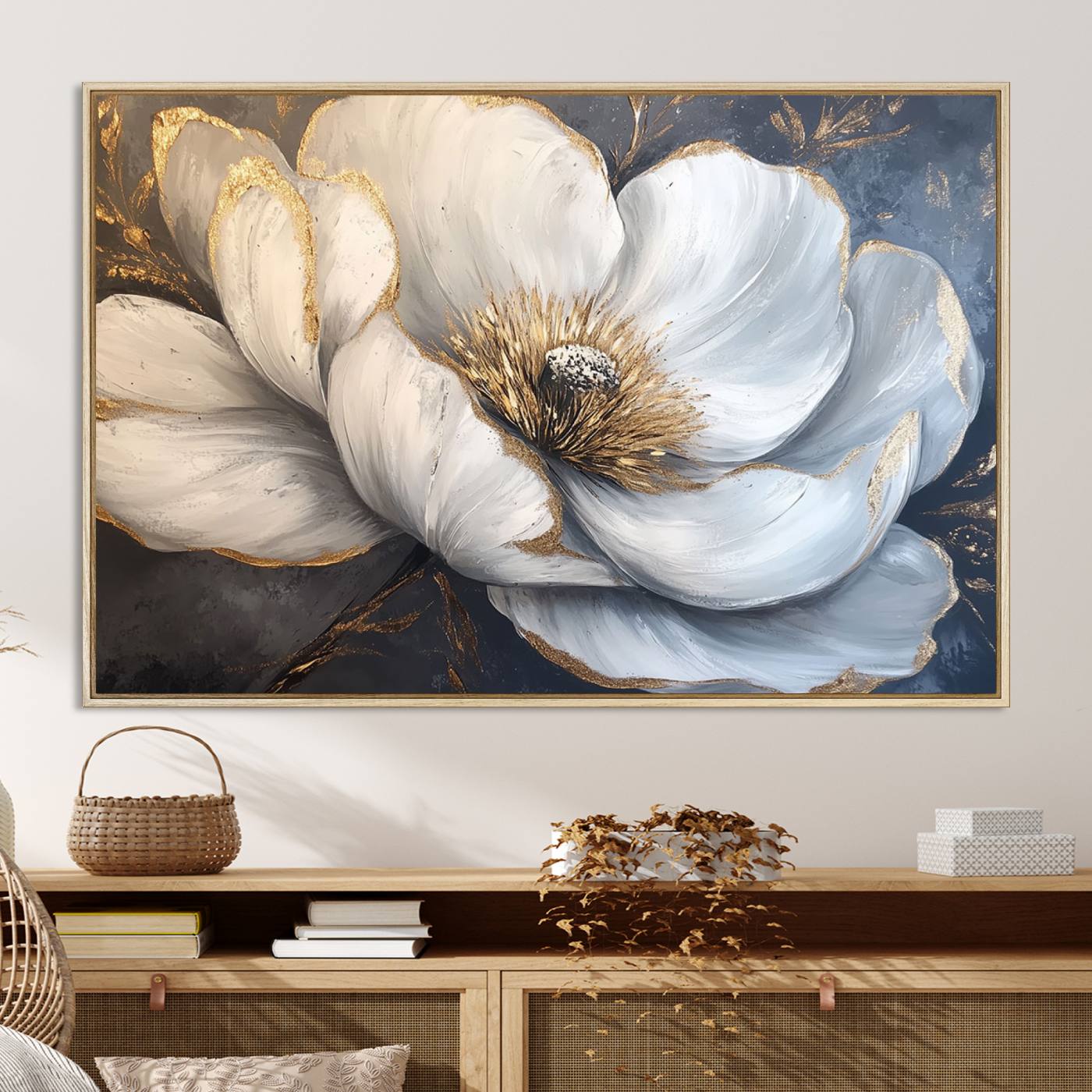 82996-MGV-CV-36X24-White Magnolia Flower Wall Art Canvas Print | Abstract Floral Wall Decor | Elegant Bloom Artwork | Framed for Living Room or Bedroom