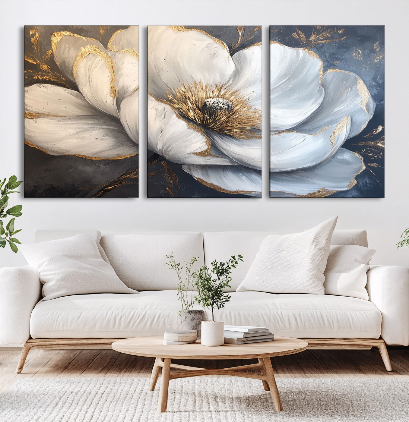 82996-MGV-CV-60X30-3P-White Magnolia Flower Wall Art Canvas Print | Abstract Floral Wall Decor | Elegant Bloom Artwork | Framed for Living Room or Bedroom