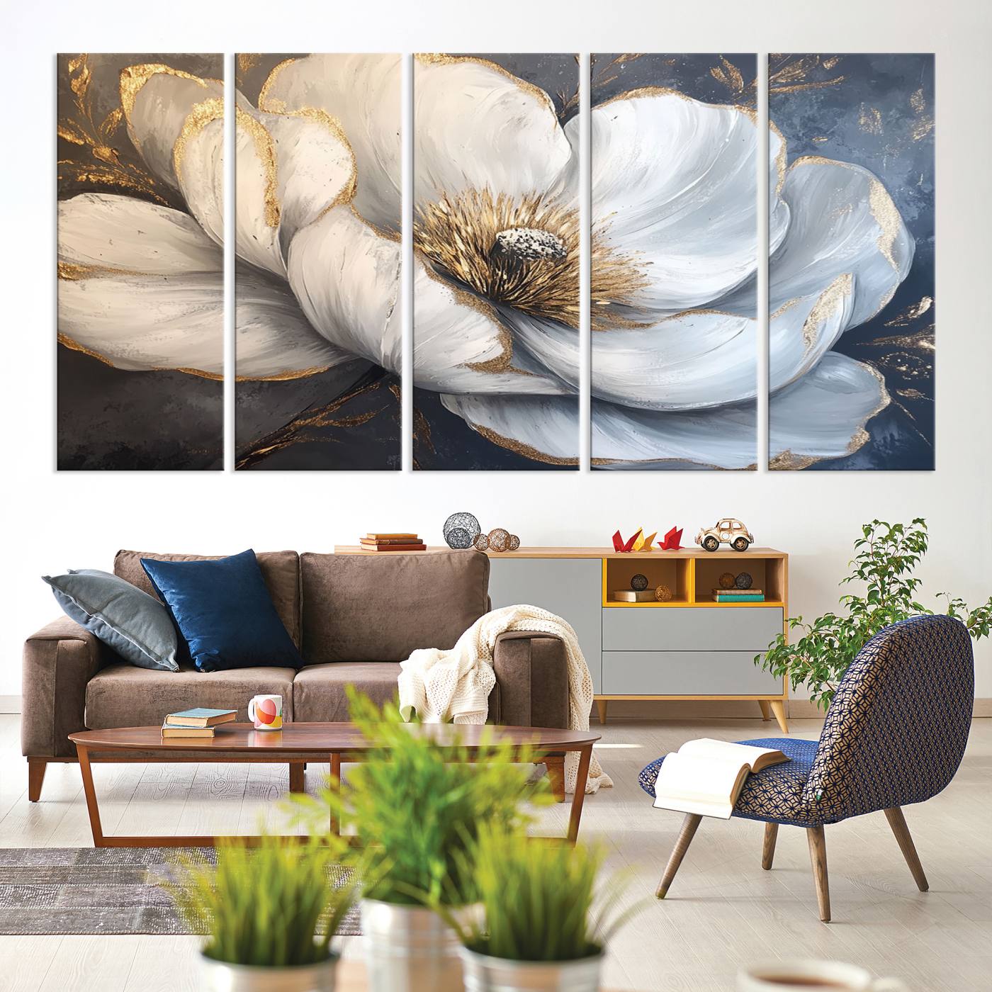 82996-MGV-CV-60X31-5P-White Magnolia Flower Wall Art Canvas Print | Abstract Floral Wall Decor | Elegant Bloom Artwork | Framed for Living Room or Bedroom