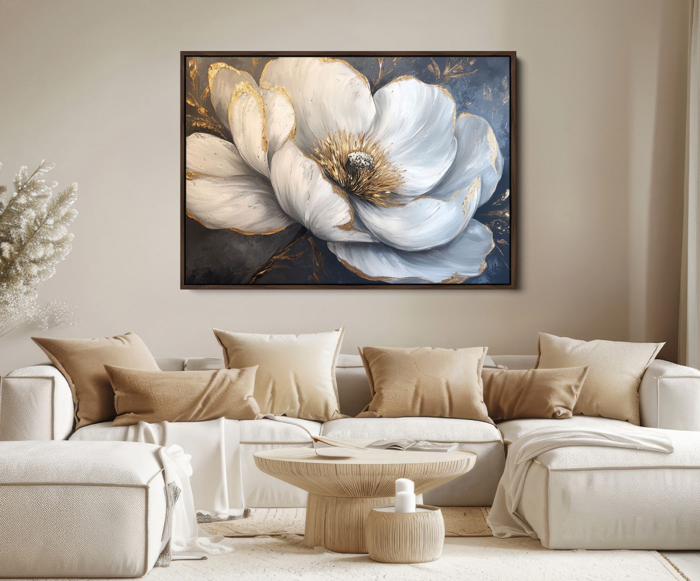 82996-MGV-FC-36X24_Walnut-White Magnolia Flower Wall Art Canvas Print | Abstract Floral Wall Decor | Elegant Bloom Artwork | Framed for Living Room or Bedroom