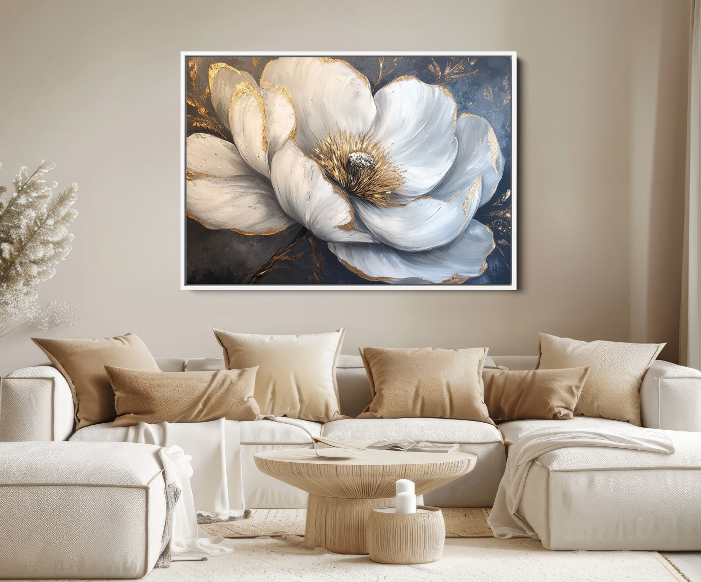 82996-MGV-FC-36X24_White-White Magnolia Flower Wall Art Canvas Print | Abstract Floral Wall Decor | Elegant Bloom Artwork | Framed for Living Room or Bedroom