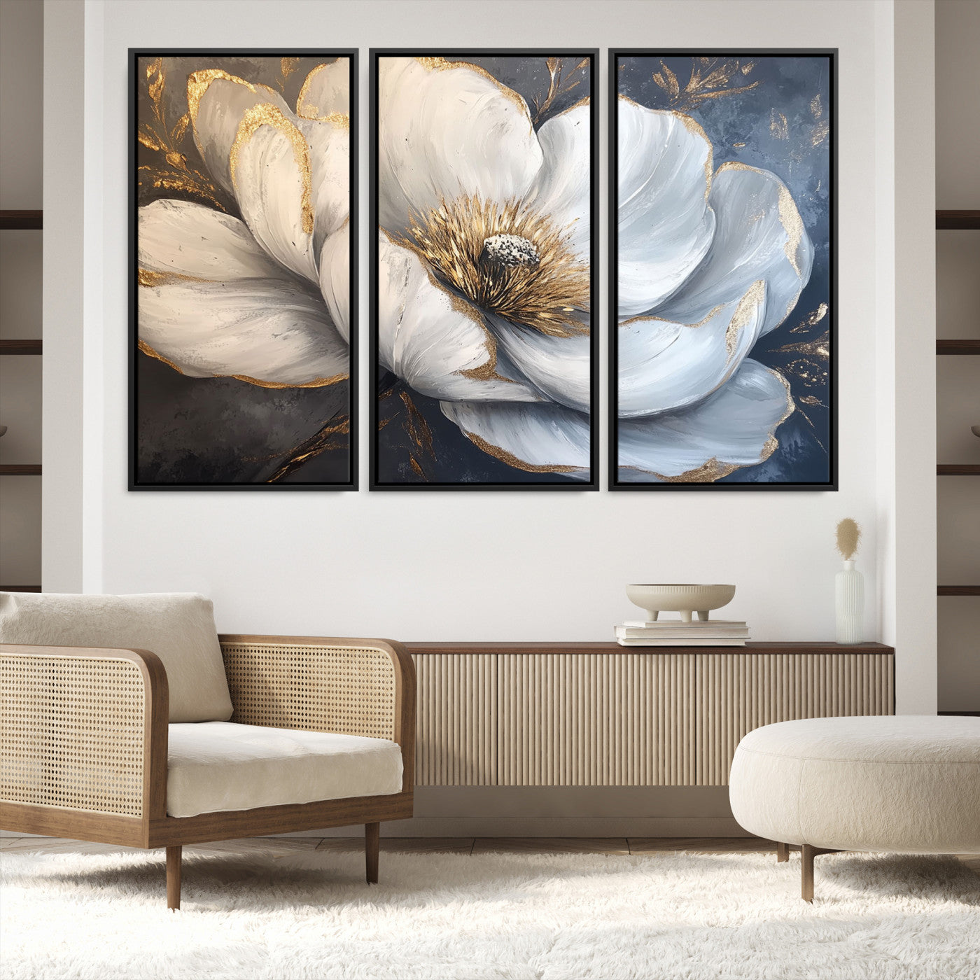 82996-MGV-FC-48X32-3P_Black-White Magnolia Flower Wall Art Canvas Print | Abstract Floral Wall Decor | Elegant Bloom Artwork | Framed for Living Room or Bedroom