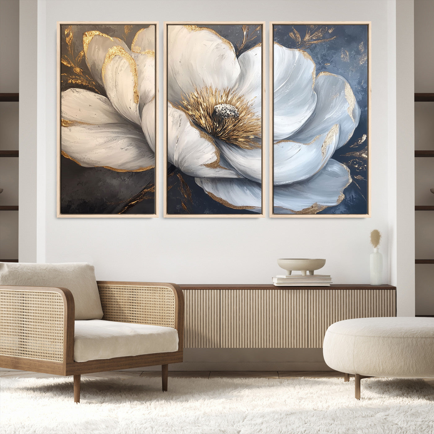 82996-MGV-FC-48X32-3P_Natural-White Magnolia Flower Wall Art Canvas Print | Abstract Floral Wall Decor | Elegant Bloom Artwork | Framed for Living Room or Bedroom