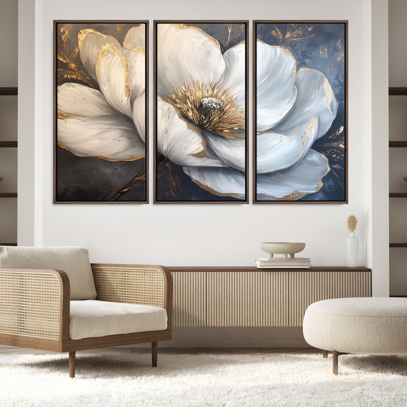 82996-MGV-FC-48X32-3P_Walnut-White Magnolia Flower Wall Art Canvas Print | Abstract Floral Wall Decor | Elegant Bloom Artwork | Framed for Living Room or Bedroom